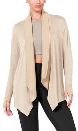 ODODOS Women's Drape Open Front Cardigans Cozy Soft Long Sleeve Casual Wrap Outerwear with Pockets Thumb Hole, Ribbed Beige, Large