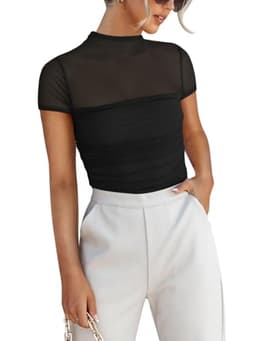 REORIA Women’s Summer Sexy Mock Turtle Neck Short Sleeve Slimming Shirts Sheer Mesh Ruched Fashion Night Out Thong Body Suits Tops Black X-Large