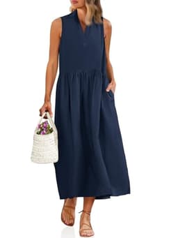 Wenrine Womens Summer Sleeveless Shirt Dress Casual Collared V Neck Cotton Loose Maxi Long Dresses with Pockets Navy Blue
