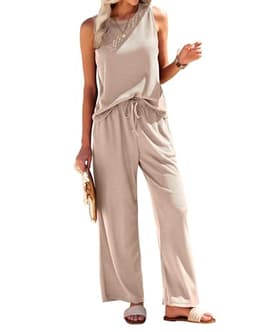 Ekouaer Womens Pajamas 2 Piece Lounge Set Waffle Knit Loungewear Sleeveless Tank Top with Long Pants Outfits,Khaki