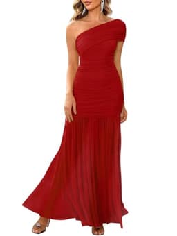 LAGSHIAN Women's Elegant Formal Long Dress One Shoulder Sleeveless Ruched Bodycon Evening Dress Red