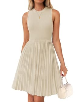 ZESICA Women's Summer Sleeveless Mini Dress 2025 Crewneck Knit A Line Pleated Swing Casual Basic Short Dress,Almond,Large