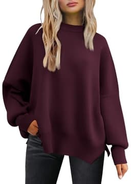 EFAN Women's Oversized Sweaters 2025 Fall Trendy Crewneck Batwing Sleeve Chunky Knit Long Pullover Cute Tunic Tops Dress Winter Clothes Cashmere Fashion Outfits Ladies Clothing Wine Red M