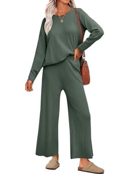 ANRABESS Womens 2 Piece Outfits Sweater Sets Knit Crewneck Tops Wide Leg Pants 2024 Fall Casual Matching Lounge Set Clothes Army Green X-Large