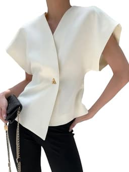 Cicy Bell Womens Trendy V Neck Tops Shirts Short Sleeve Button Down Slim Waist Summer Blouses White