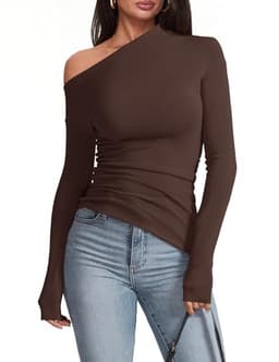 Meetrendi Women's Sexy Off Shoulder Going Out Tops Long Sleeve Asymmetrical Slim Fit Trendy Fall Shirts Brown L