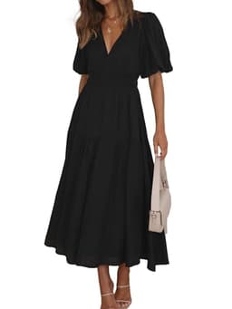 MessBebe Summer Maxi Dress Short Puffy Sleeve V Neck High Waist A-Line Flowy Wrap Sun Swing Wedding Guest Long Dresses for Women