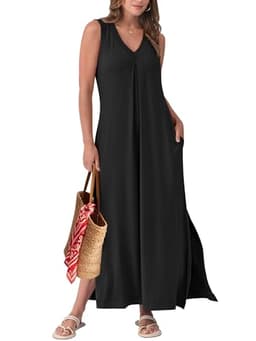 ANRABESS Women's Summer Casual Sleeveless V Neck Maxi Dress 2025 Spring Flowy A-Line Beach Vacation Sundress with Pockets Black Large
