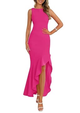 PRETTYGARDEN Wedding Guest Dresses for Women 2025 Summer Formal Gala Maxi Dress Ruffle Mermaid Cocktail Long Dresses(Rose Red,Large)
