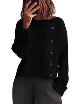 PRETTYGARDEN Womens Sweaters Fall 2025 Casual Long Sleeve Crewneck Button Loose Winter Knit Pullover Sweater Tops (Black,Large)