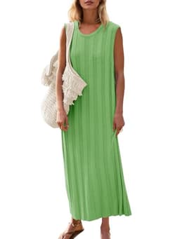 Fisoew Women's Summer Sleeveless Maxi Dress Scoop Neck Ribbed Knit Tank Top Dresses (US, Alpha, Large, Regular, Regular, Grass Green)
