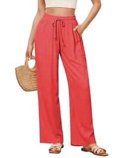 GRAPENT Flowy Linen Pants for Women Linen Clothes for Women High Waist Pants Women Beach Wear for Women Bell Bottom Pants for Women Wide Leg Pants Woman Color Coral X-Large Size 16 to 18