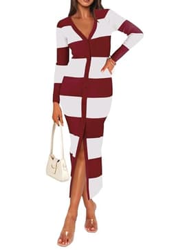 PRETTYGARDEN Women's Striped Sweater Dress Long Sleeve V Neck Button Down Knit Bodycon Maxi Dresses with Slit (Striped Wine Red White,X-Large)