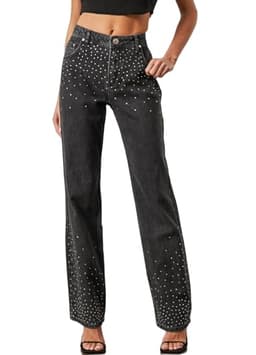 Kedera Womens High Waisted Rhinestone Jeans Straight Wide Leg Bling Denim Pants Black