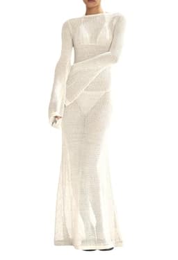 Saodimallsu Womens Crochet Cover Ups Long Sleeve Sexy Mesh Backless Knit Swimsuit Coverup Beach Maxi Dress Beige
