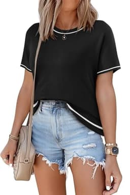 SHEWIN Shirts for Women Spring Fashion 2025 Short Sleeve Sweater Crewneck Womens Tops Dressy Casual Blouses Summer Clothes Black L