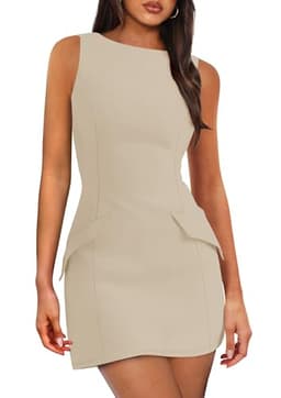 PRETTYGARDEN Womens 2025 Formal Sleeveless Summer Dresses Boat Neck Zipper Bodycon A Line Business Work Mini Dress (Light Khaki,Large)