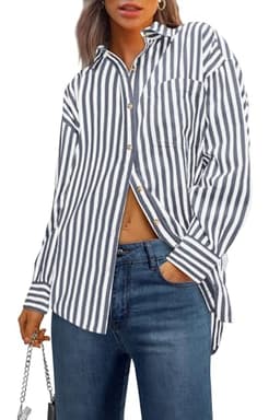 PRETTYGARDEN Womens Striped Button Down Shirt Spring 2025 Oversized Collared Long Sleeve Office Work Blouses Tops (Navy,Large)