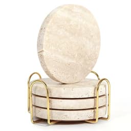 Itombuilty 4Pcs Travertine Coasters with Nature Limestone Material and Gold Metal Holder, 4”Diameter Round Shape Bar Coasters Set with Cork Pad for Housewarming Christmas Birthday Gift