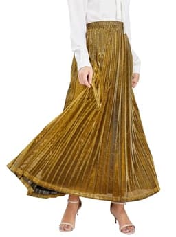 CHARTOU Women's Premium Metallic Shiny Shimmer Accordion Pleated Long Maxi Skirt (X-Large, Gold)