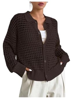 QWINEE Women's Crochet Cardigan Sweater Lightweight Cardigan Hollow Out Sweater Long Sleeve Button Down Knit Top Chocolate Brown