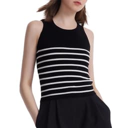 GOELIA Women's White Striped Sleeveless Crew Neck Knit Sweater Tank Top Cotton Slim Fit Going Out Tops for Women 4th of July Shirts