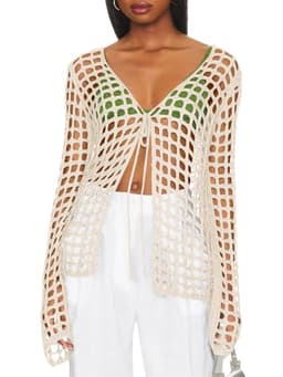 Saodimallsu Womens Summer Crochet Bathing Suit Cover Ups Long Sleeve V Neck Open Front Swimwear Cover Up Creamy-White
