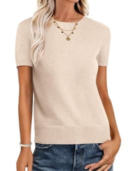 ANRABESS Womens Short Sleeve Sweaters Wool Blend Crew Neck Sweater Shirts Business Casual Work Tops 2025 Summer Outfits Beige L