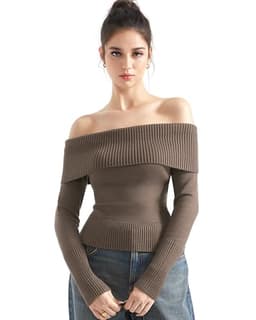SUUKSESS Women Off Shoulder Sweater Long Sleeve Ribbed Knit Pullover Sweater Tops Going Out Fall Shirt (Khaki, L)