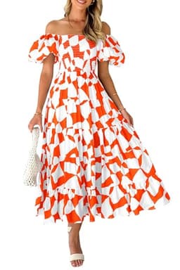 PRETTYGARDEN Women's 2025 Summer Boho Midi Dress Off Shoulder Puff Sleeve Print Smocked Ruffle Beach Long Flowy Dresses (Orange,Large)