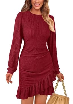 PRETTYGARDEN Women's Long Puff Sleeve Ruched Bodycon Mini Short Dress Fall Ruffle Fitted Cocktail Spring Dresses (Red,X-Large)