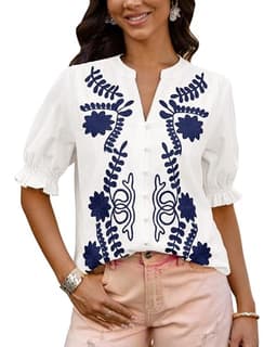BTFBM Women's 2025 Summer Tops Casual Floral Boho V Neck Puff Short Sleeve Button Down Shirts Embroidered Blouses Tunic(Floral White Blue, Large)