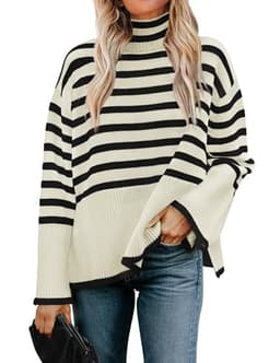 ZESICA Women's Winter Sweaters Casual Turtleneck Long Sleeve Striped Side Slit Loose Pullover Sweater Jumper Tops,Apricot,Small