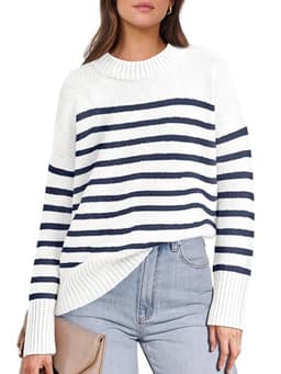ANRABESS Women Fall Fashion Sweaters Striped Long Sleeve Crewneck Loose Fit Cozy Knit Trendy Pullover Sweater Tops White Navy Blue Large