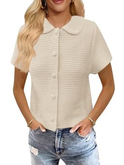 Saodimallsu Womens Short Sleeve Cropped Cardigans Casual Summer Button Down Collared Lightweight Loose Knit Sweater Top Beige