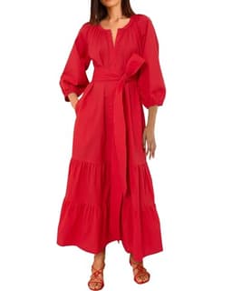 YEXPINE Women's Ruffle Maxi Dress Puff Sleeve Flowy Tiered Long Dress with Belt