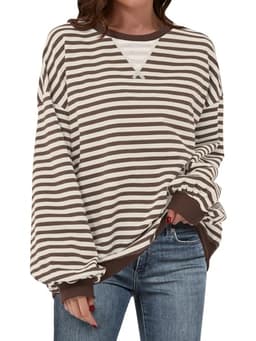 ANRABESS Women Striped Oversized Sweatshirt Crewneck Long Sleeve Shirts Hoodies 2025 Summer Fashion Pullover Top Y2K Outfits Brown White Medium