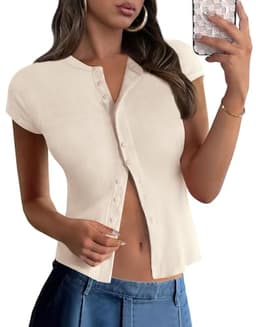 PRETTYGARDEN Women's Casual Basic T Shirts Going Out Tops Summer Button Up Slim Fit Crew Neck Short Sleeve Ribbed Slim Fit Y2K Shirts (Apricot,L)