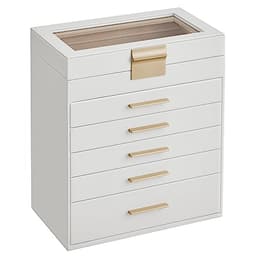 SONGMICS Jewelry Box Organizer with Glass Lid, 6-Layer Jewelry Storage, with 5 Drawers, Modern Style, 6.4 x 9.9 x 11.4 Inches, Cloud White and Gold Color UJBC171W01