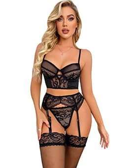 SOLY HUX Sexy Lingerie for Women Naughty 4 Piece Lace Garter Belt Babydoll Lingerie Set with Stocking Underwire Bra and Panty Black S