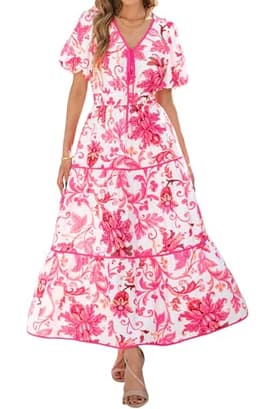 PRETTYGARDEN Summer Dresses for Women 2025 V Neck Puff Short Sleeve A-Line Floral Flowy Long Maxi Boho Tiered Beach Dresses(White Rose Red Flower,Large)