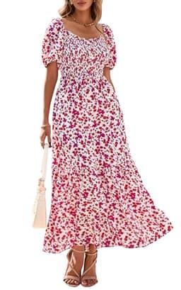 PRETTYGARDEN Womens Summer Dresses 2025 Casual Boho Floral Puff Short Sleeve Flowy Maxi Dress Smocked V Neck Sun Dresses (Red, Large)