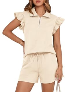 BTFBM Women's 2 Piece Outfits Sweatsuit Zipper V Neck Casual Ruffle Short Sleeve Tops and Drawstring Shorts Lounge Sets(Beige, X-Large)