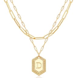 MEVECCO Dainty Gold Initial Necklace for Women 18K Gold Plated Layered Paperclip Link Chain Necklace Personalized Cute Hexagon Letters for Women Everyday Wear Jewelry