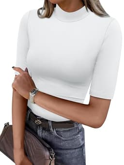 ANRABESS Women Tops Mock Neck 1/2 Short Sleeve Dressy Shirts Blouses Work Tees Business 2025 Spring Summer Casual Outfits White Large