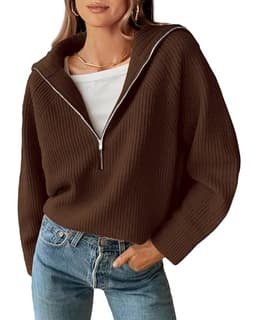 BTFBM Women's Half Zip Pullover Fall Winter Sweaters Casual Long Sleeve V Neck Loose Slouchy Ribbed Knit Jumper Tops(Solid Brown, Large)