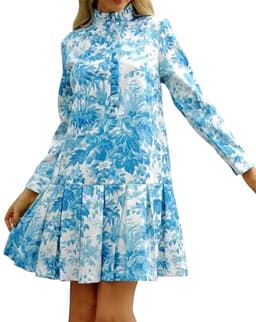 EZAPINE Women Floral Mini Dress Long Sleeve Stand Collar Button Up Elegant Work Swing Short Pleated Dress Blue L