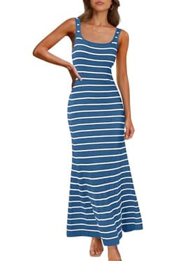 MEROKEETY Women's 2025 Sleeveless Summer Tank Dress Striped Bodycon Maxi Dress Square Neck Ribbed Knitted Sundress Dustyblue L