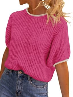 Saodimallsu Womens Puff Short Sleeve Sweater Tops Spring Summer Color Block Ribbed Knit Crew Neck Going Out Shirts Rose Red