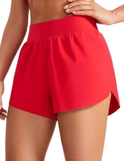 CRZ YOGA High Waisted Dolphin Athletic Running Shorts for Women 3" High Split Comfy Mesh Liner for Gym Workout Track Deep Red X-Large